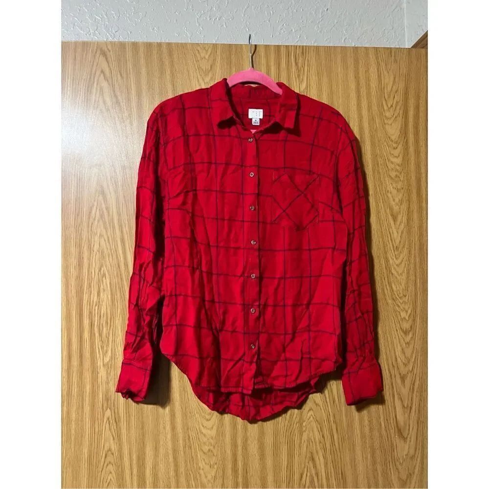 A New Day Red Plaid Button Up Top Woman’s Size Medium
